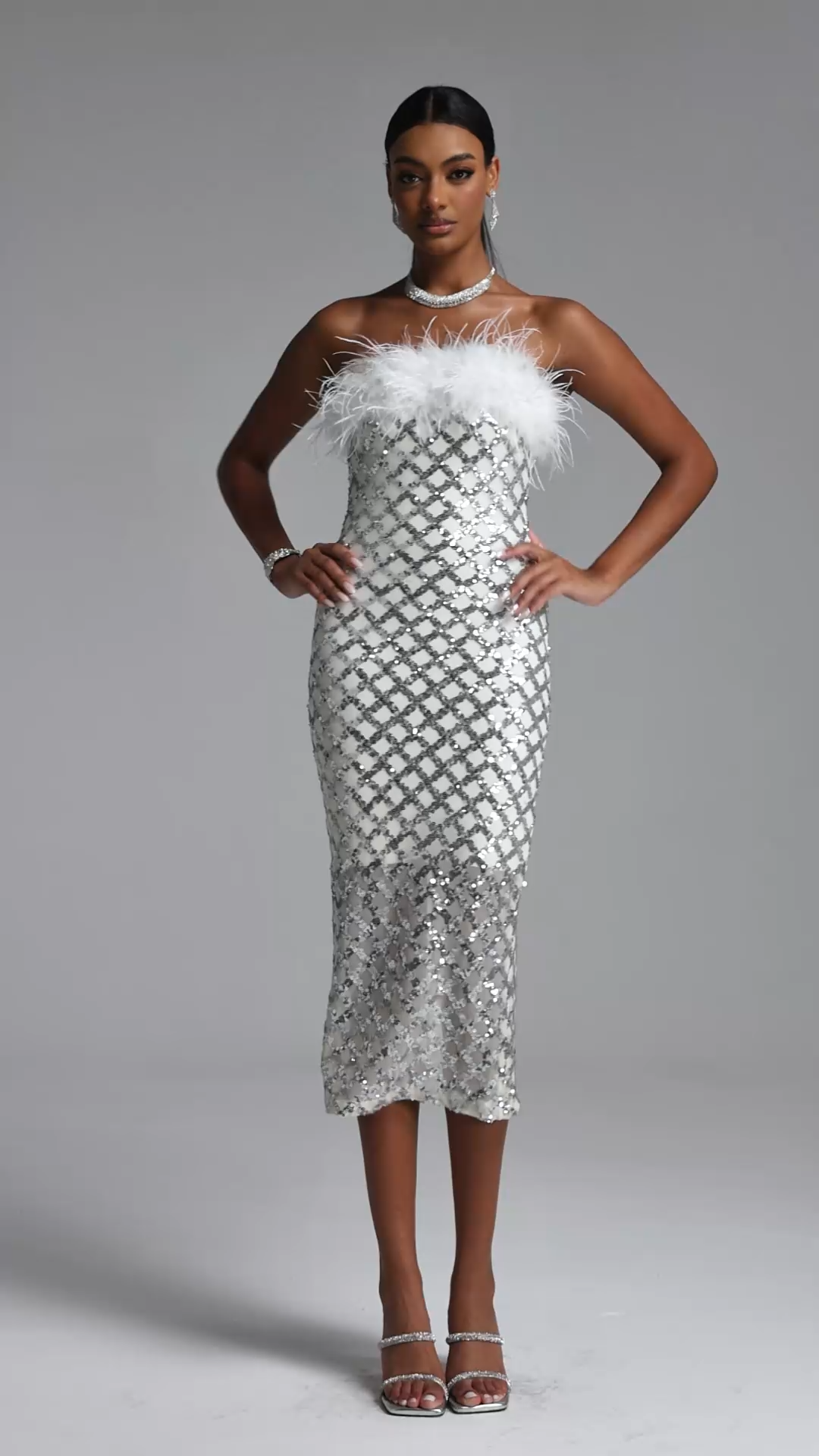 Yazaira Feather Sequin Dress