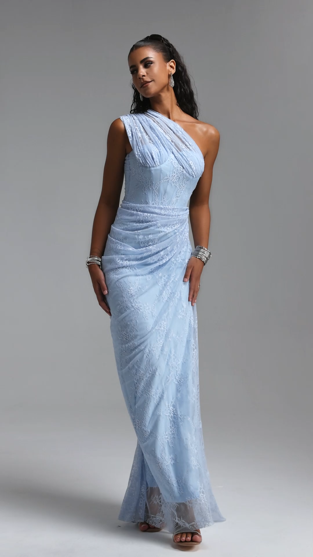 Finch Romantic Contour Sleeveless Ruched Lace Knit Blue Maxi Dress