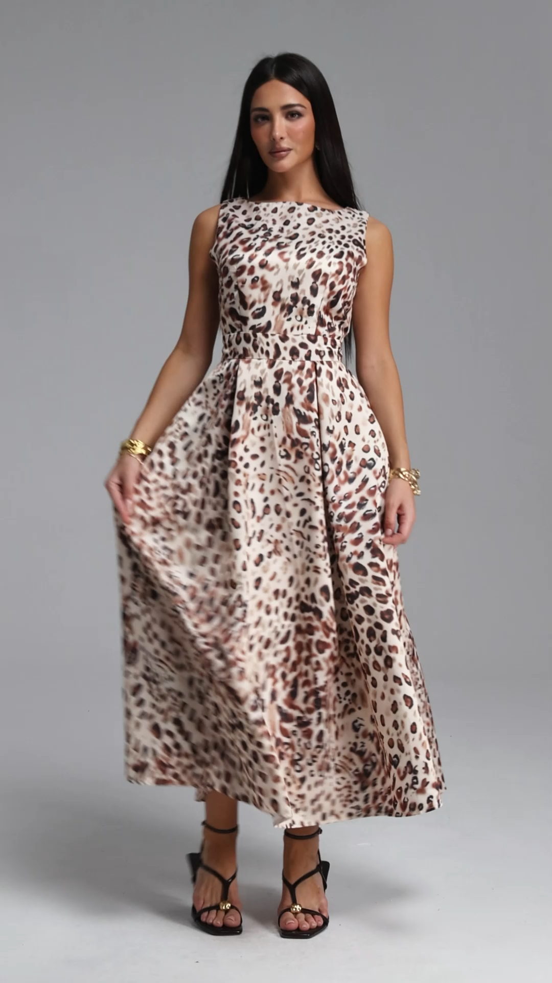 Moua Elegant Tailored Sleeveless Leopard Print Woven Maxi Dress
