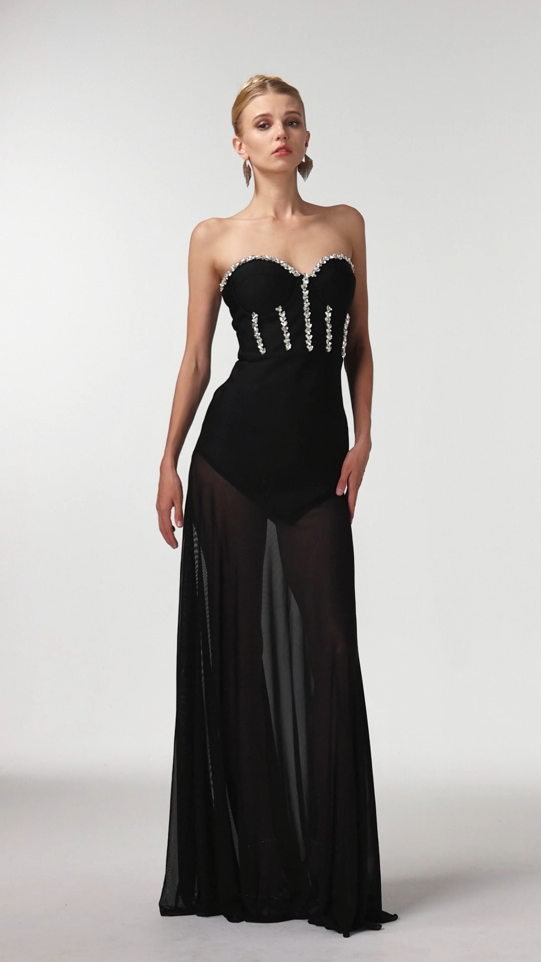 Samira Sexy Contour Rhinestone Bandage Mesh Maxi Dress