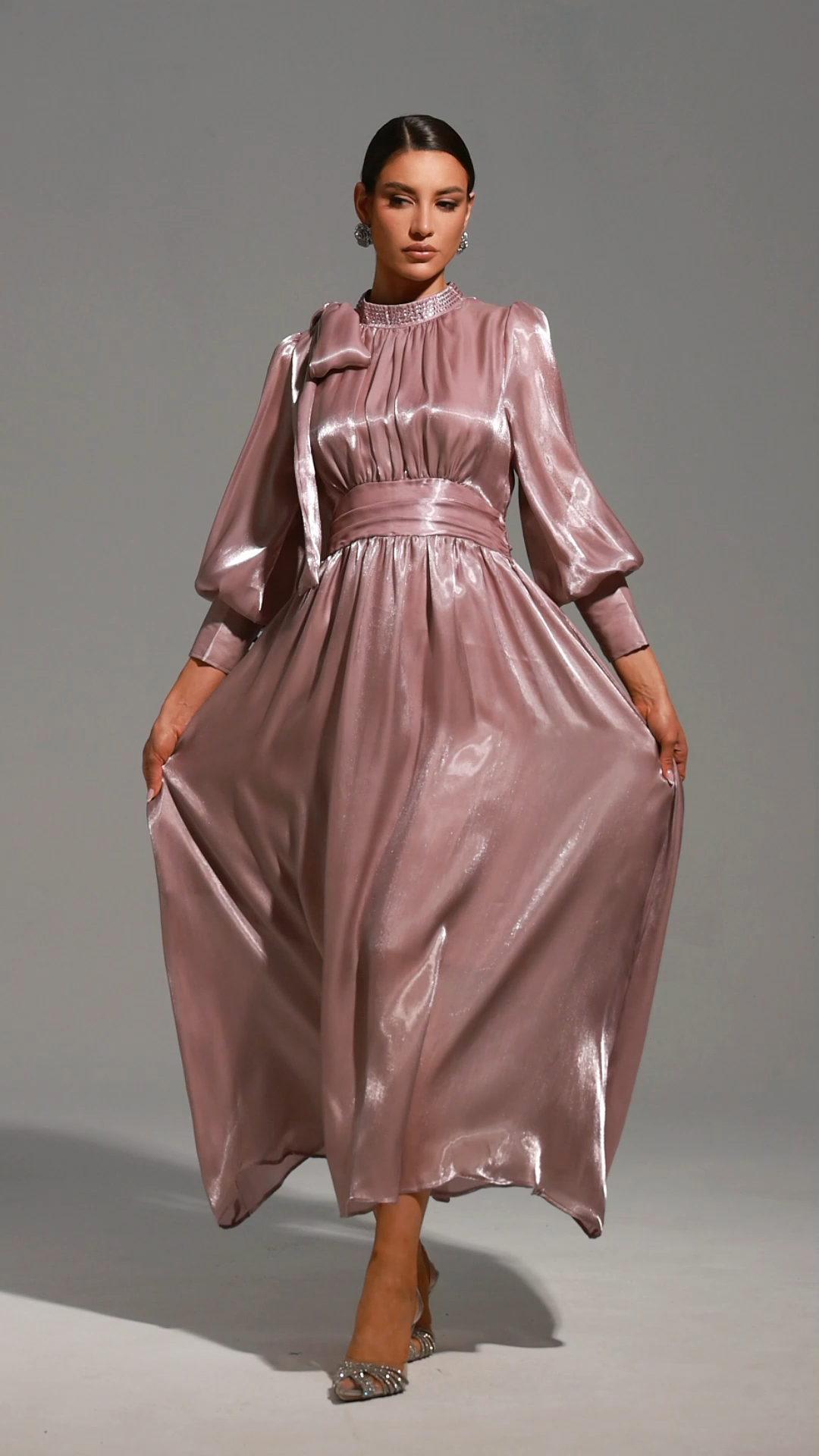 Jenny Long Sleeve Lacing Bow Diamond Maxi Dress