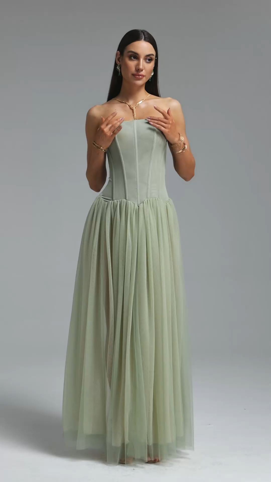 Reese Romantic Contour Strapless Corset Tulle Bandage Maxi Dress