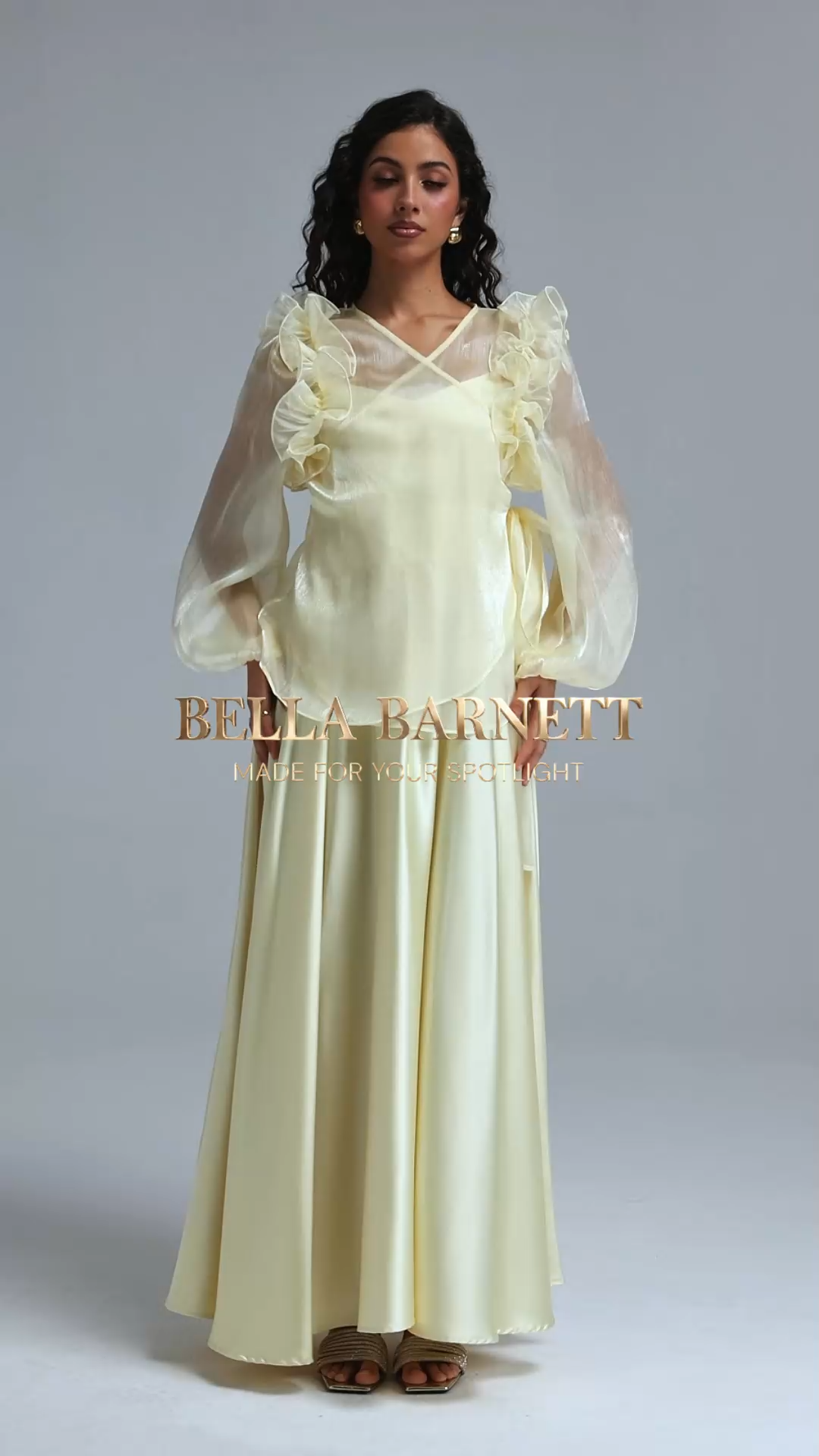 Viaya Romantic Flowy Long Sleeve Ruffle Shimmer Satin Maxi Dress
