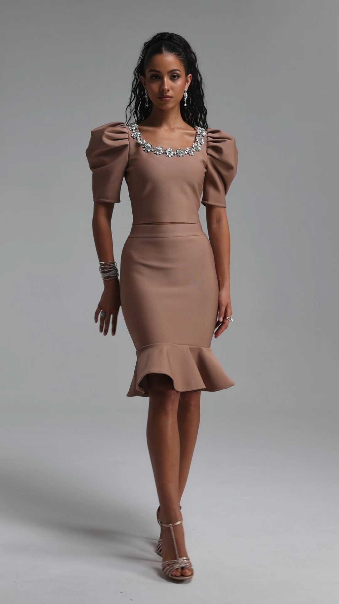 Fala Elegant Contour Square Neck Puff Sleeve Rhinestone Top Mermaid Skirt Bandage Two Piece Set