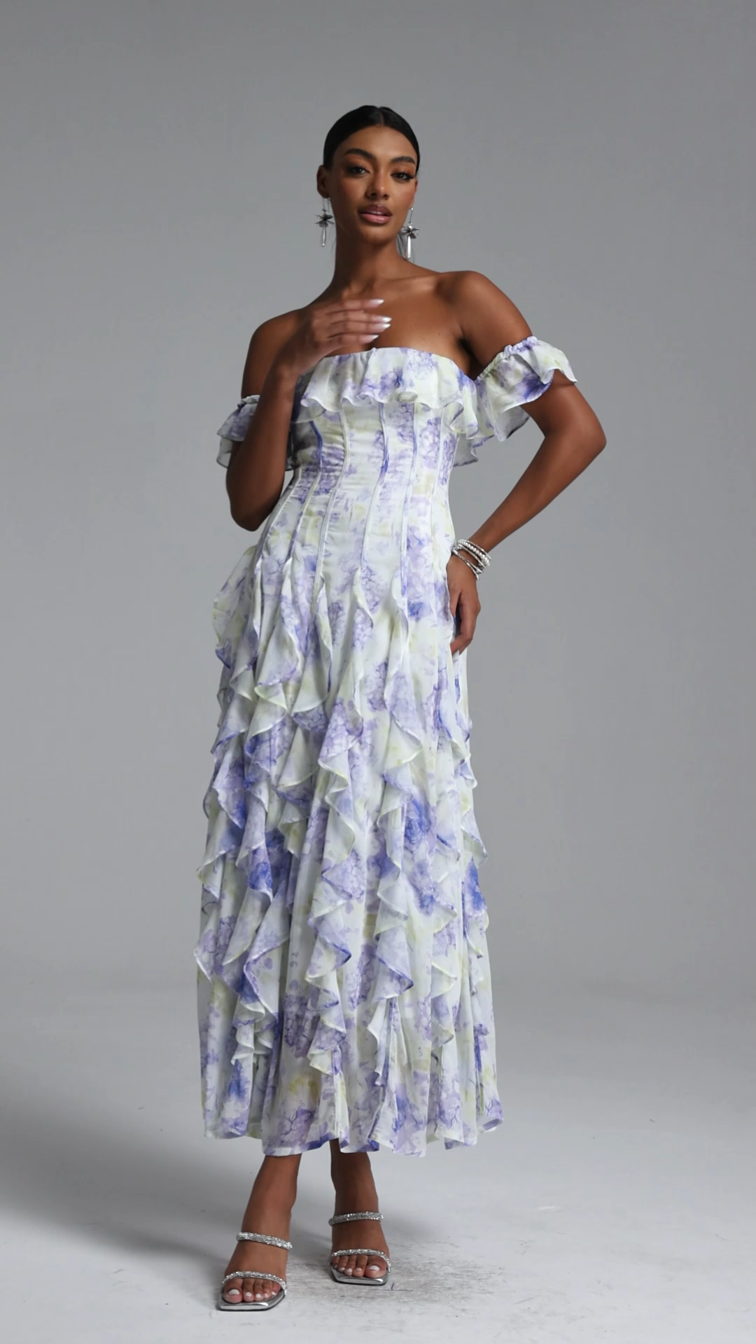 Eurien Elegant Flowy Off Shoulder Ruffle Floral Print Maxi Dress