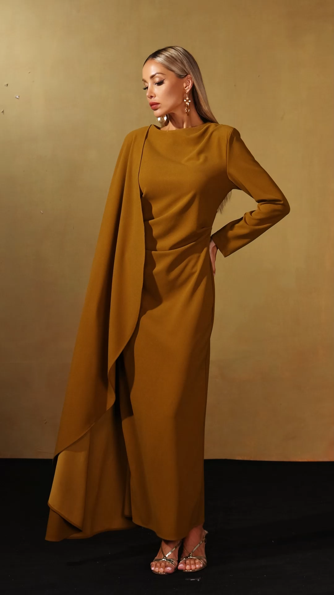 Haka Long Sleeve Asymmetrical Cape Pleated Maxi Dress