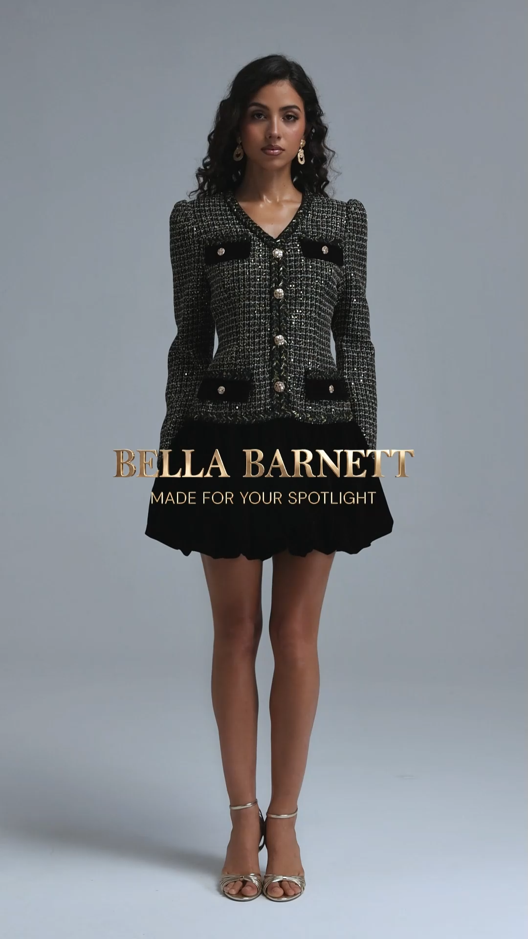 Inez Vintage Tailored V Neck Long Sleeve Velvet Bubble Sequin Tweed Mini Dress