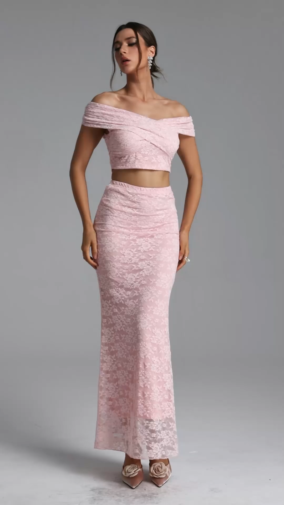 Isabeau Romantic Contour Off Shoulder Cut Out Ruched Lace Top and Skirt Set