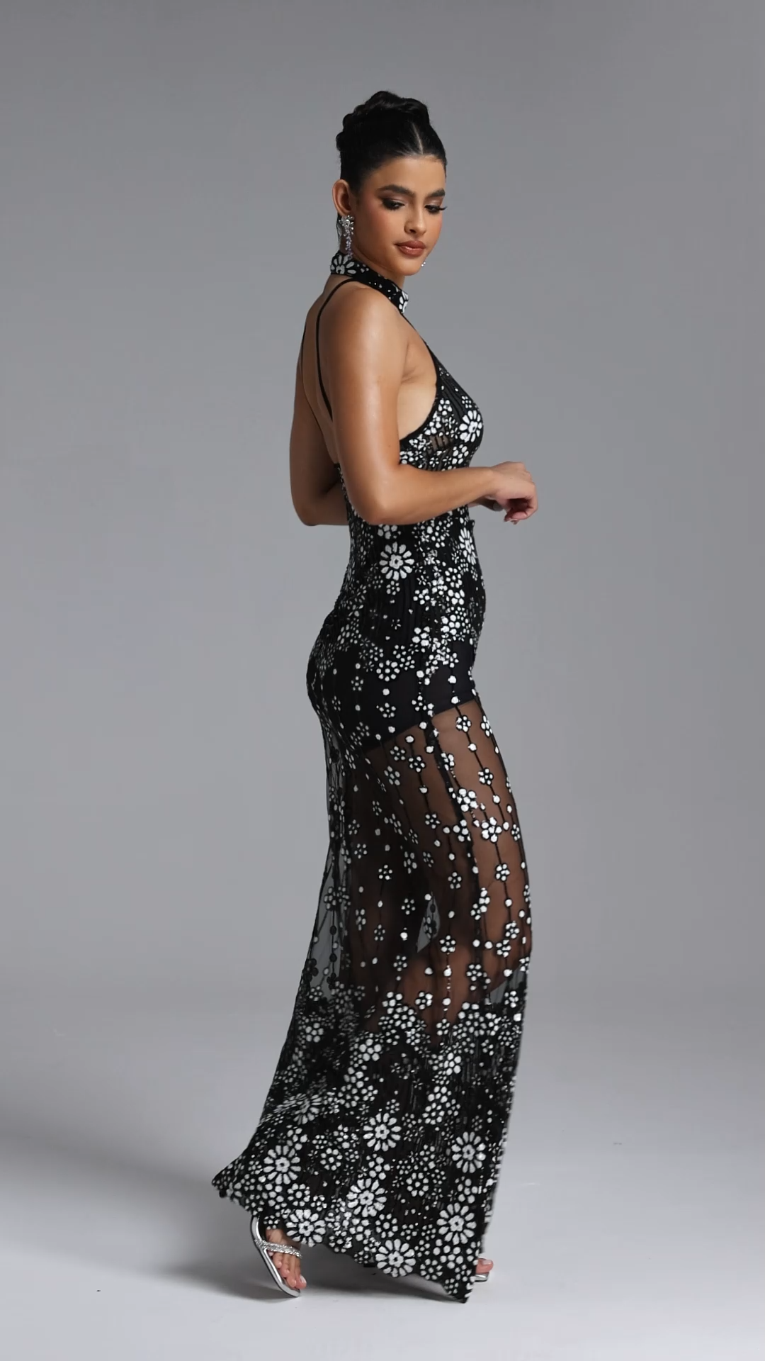 Dorie Chic Contour Halter Embellished Floral Sheer Maxi Dress