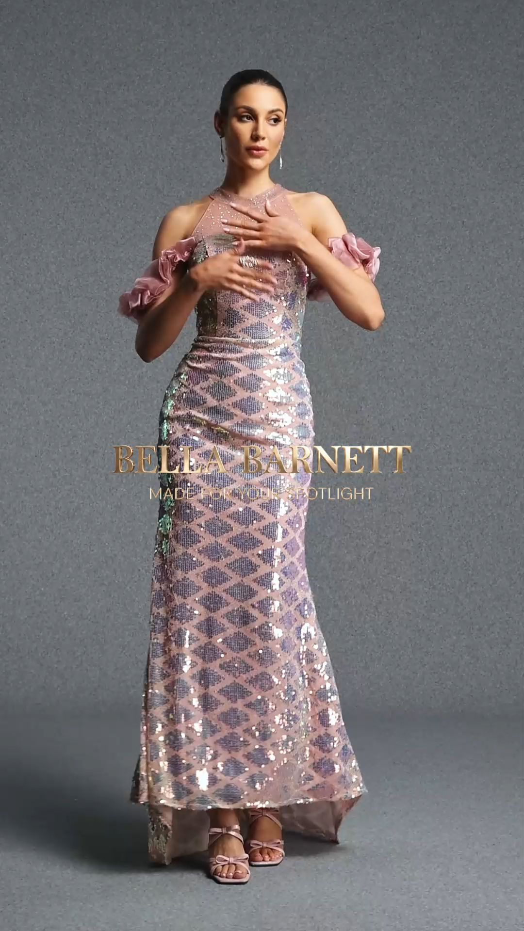 Xezey Elegant Halter Tulle Ruffle Iridescent Sequin Mermaid Maxi Dress