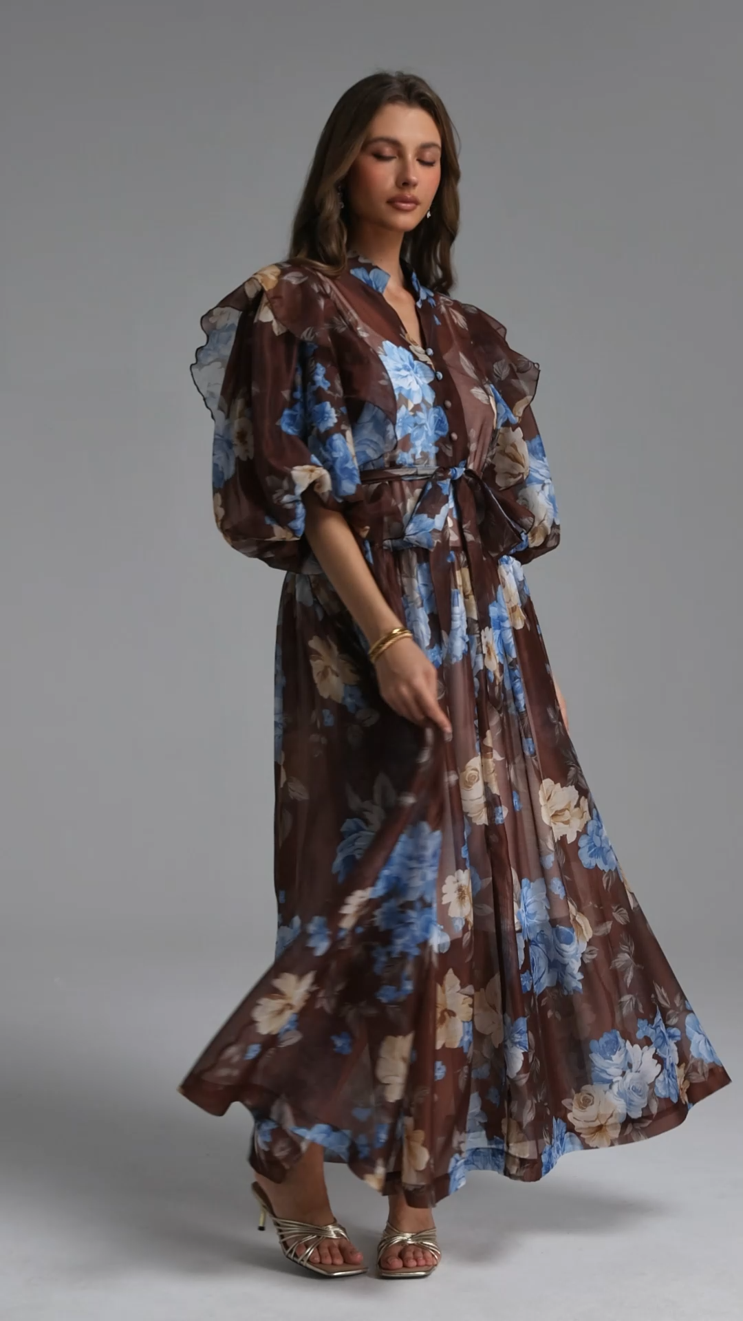 Vandra Resort Flowy Puff Sleeve Floral Print Organza Maxi Dress
