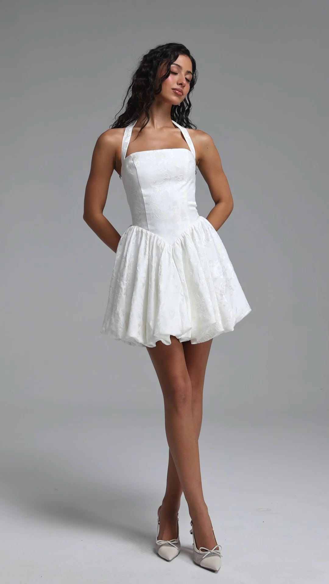 Dasha Elegant Contour Halter Floral Jacquard Mini Cocktail Dress