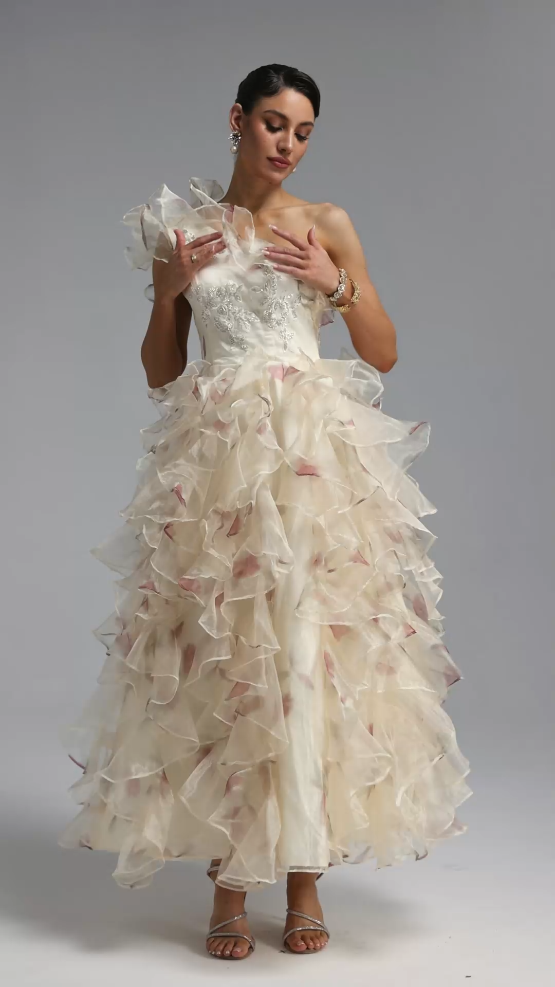 Nesya Classic One Shoulder Ruffle Floral Print Organza Maxi Dress