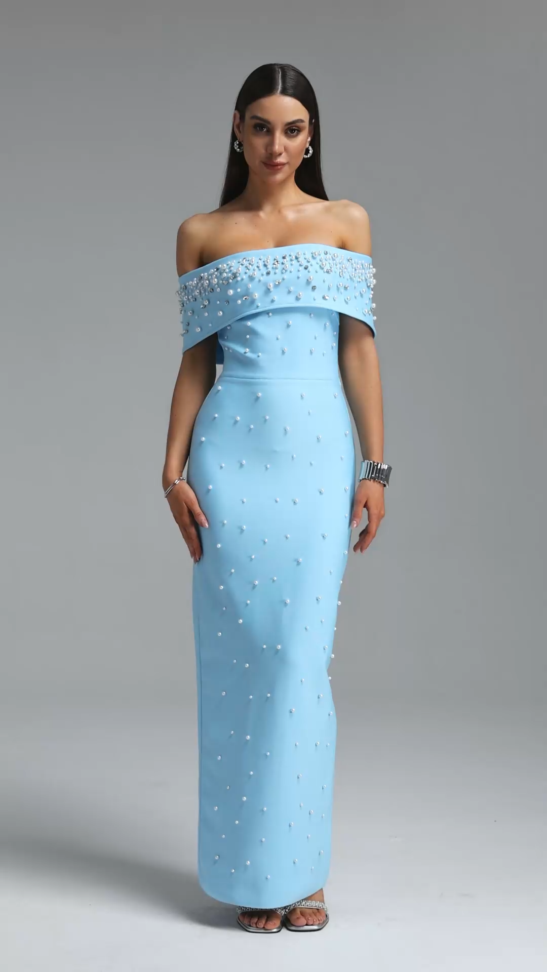 Isme Elegant Contour Off Shoulder Pearl Rhinestone Bandage Blue Maxi Dress