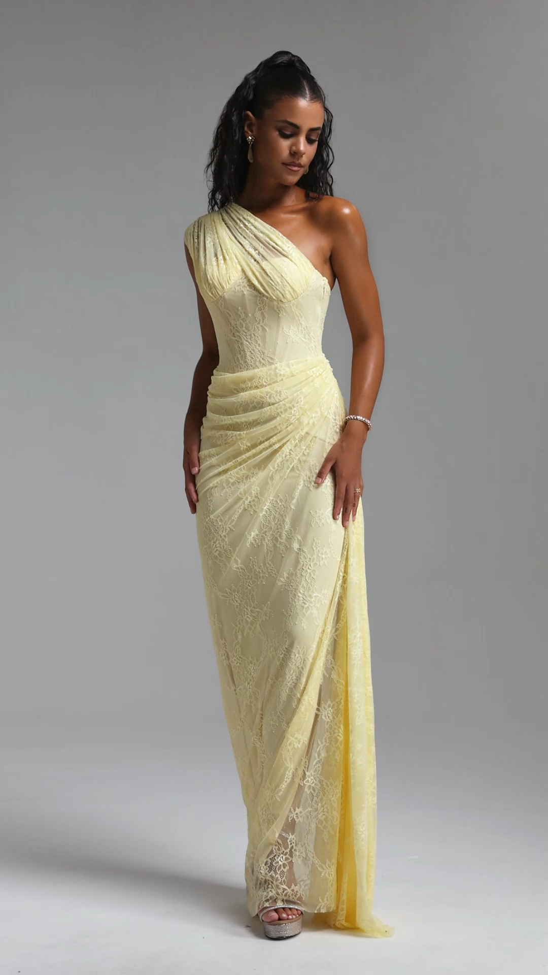 Finch Romantic Contour Sleeveless Ruched Lace Knit Yellow Maxi Dress