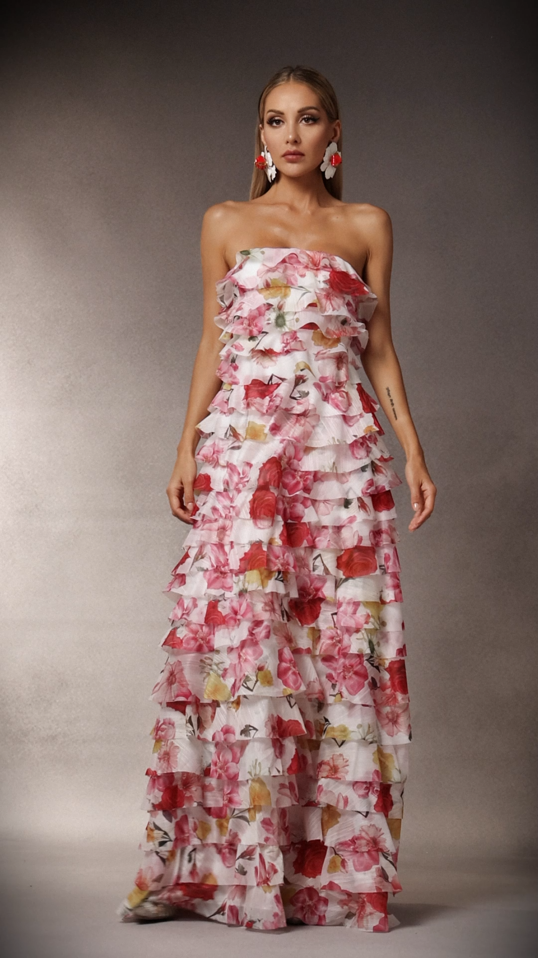 Kerlin Flowers Strapless Falbala Maxi Dress