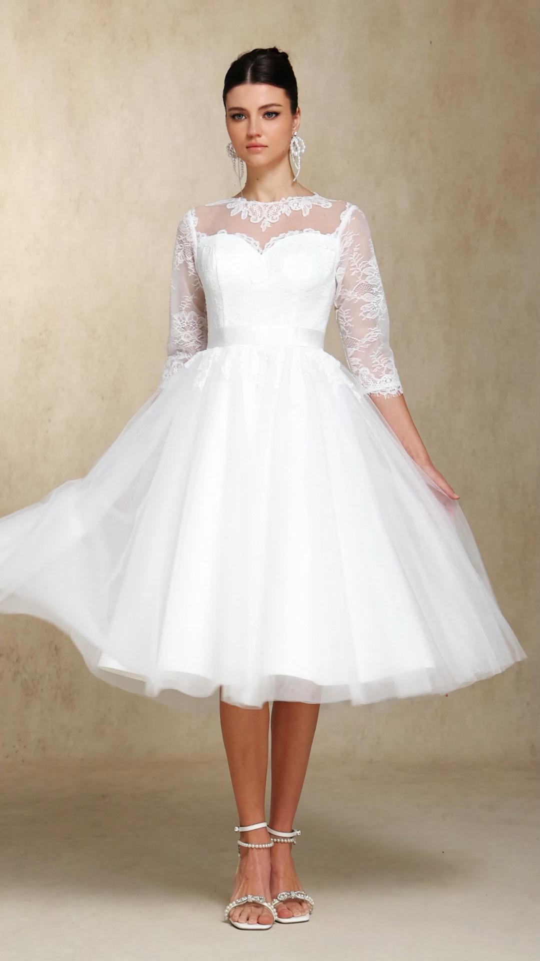 Keeli Long sleeves Lace Bow Mini wedding dress