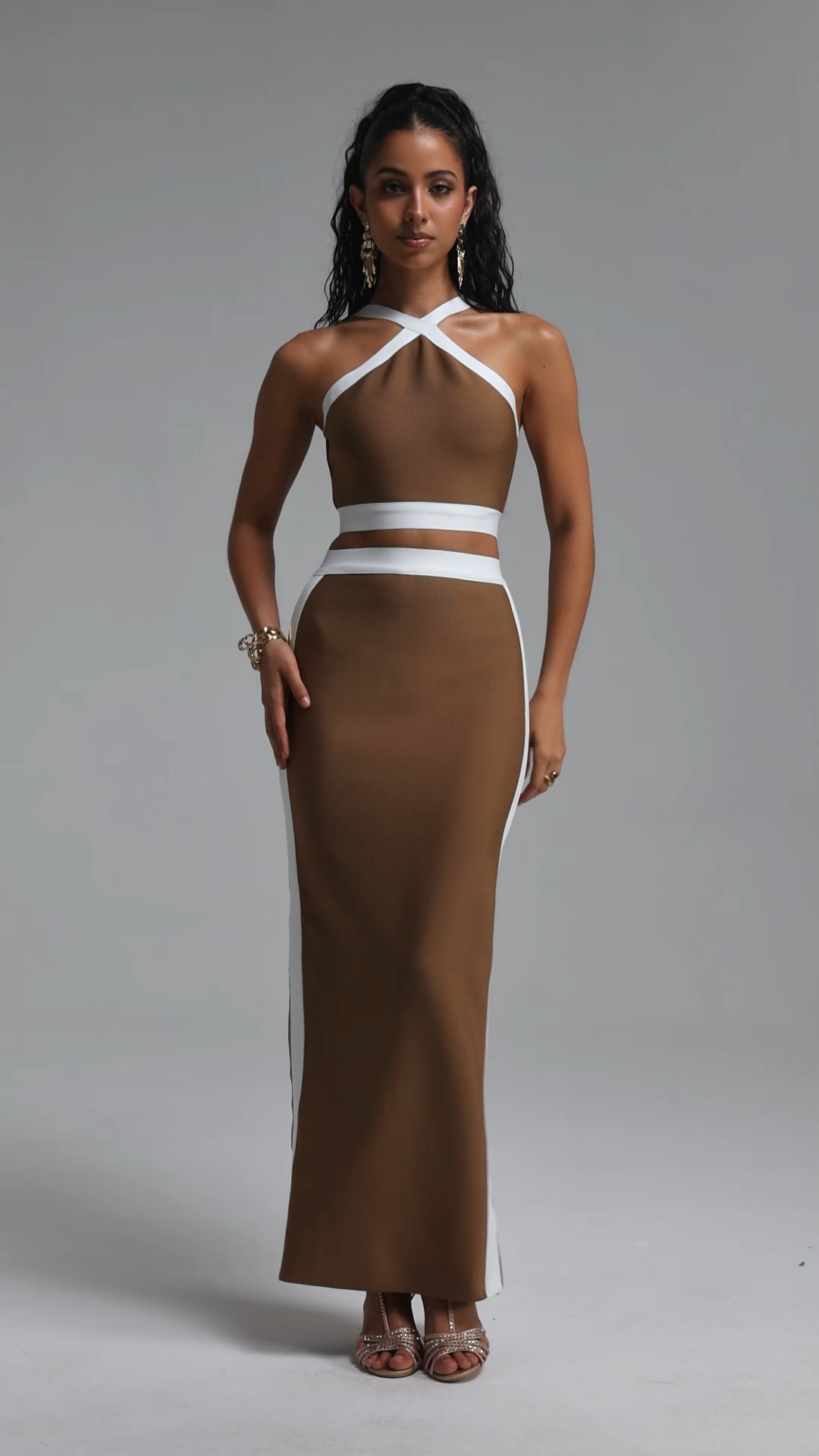 Tadeo Chic Contour Color Block Striped Top Bodycon Maxi Skirt Two Piece Set