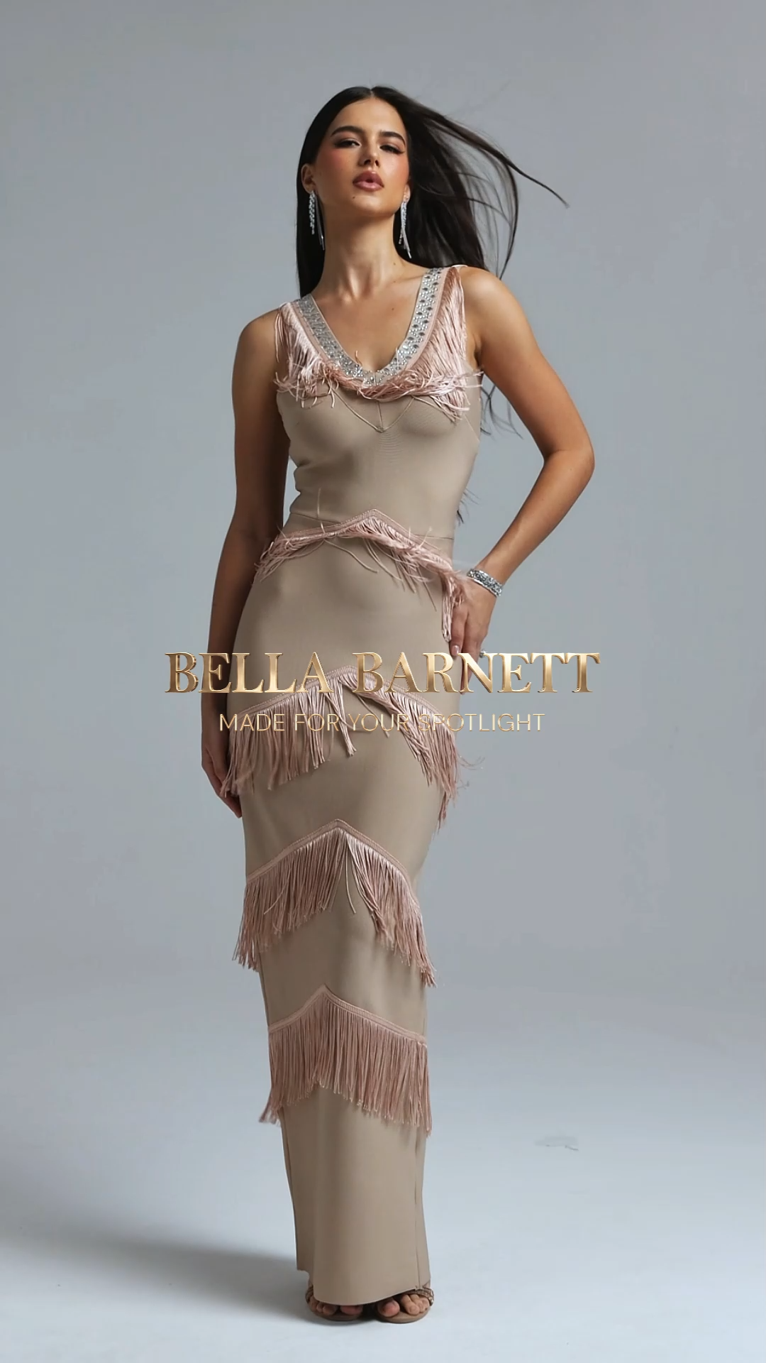 Rosalind Glamorous Sleeveless V Neck Rhinestone Tassel Bandage Maxi Dress