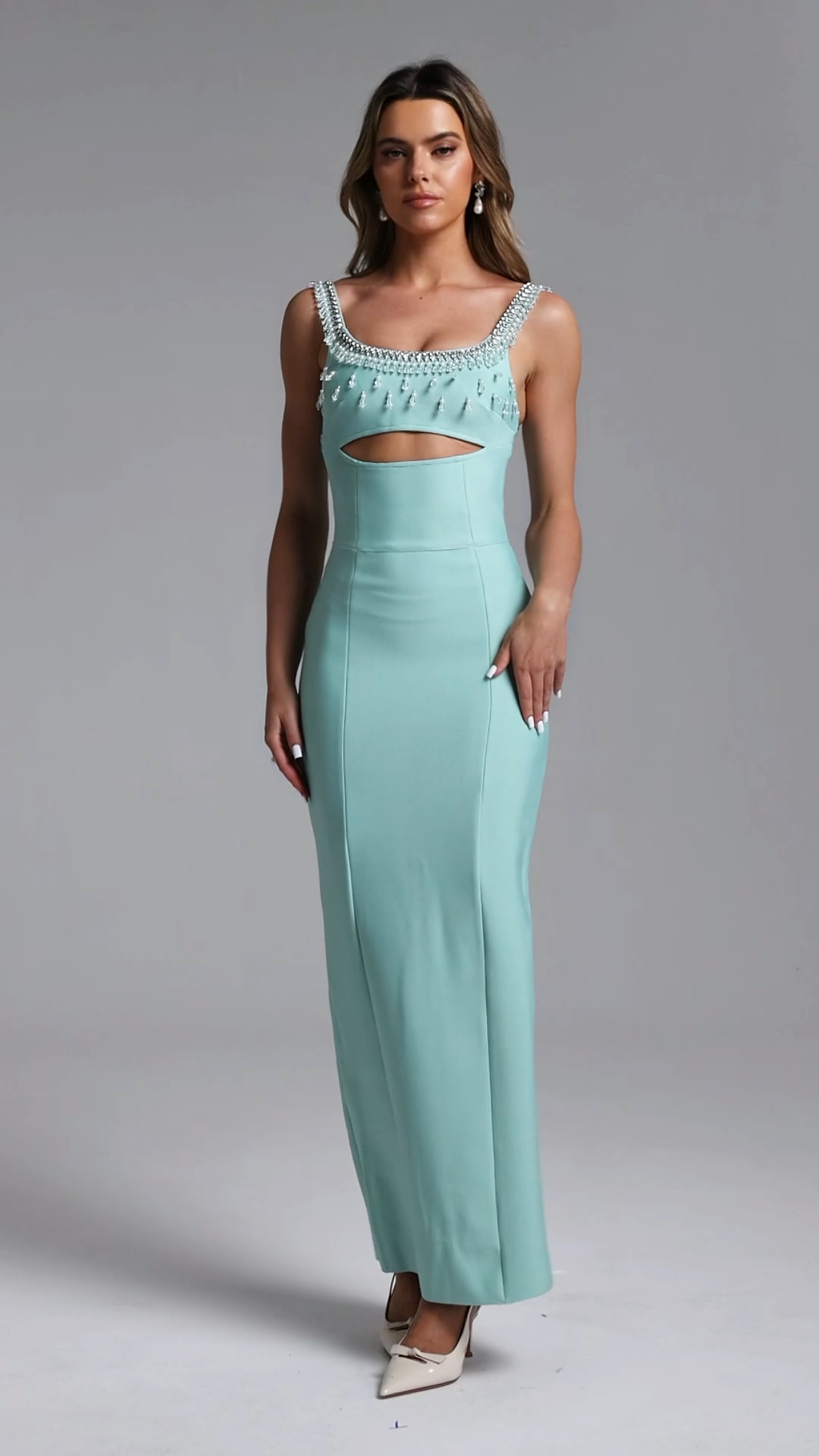 Vela Elegant Contour Sleeveless Cut Out Rhinestone Bandage Maxi Dress