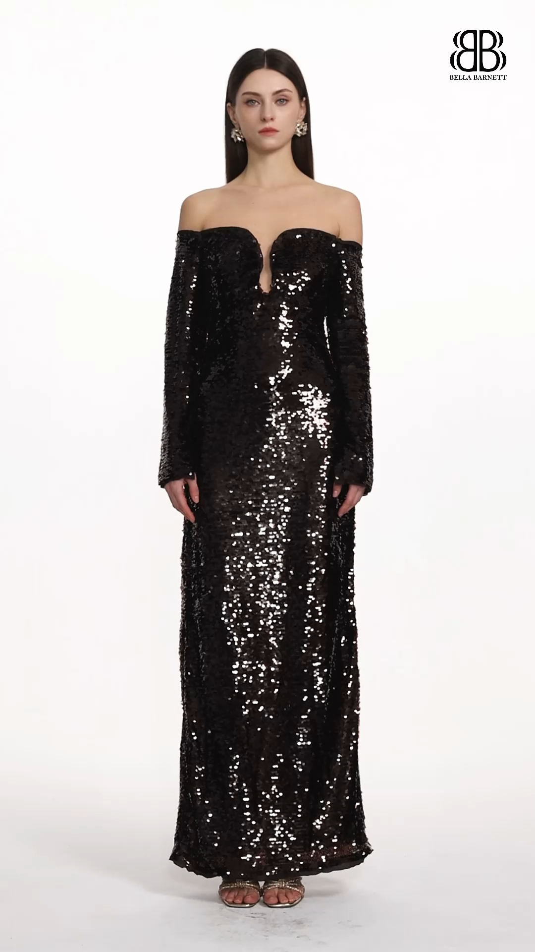 Savier Chic Contour Off Shoulder Long Sleeve Sequin Maxi Dress