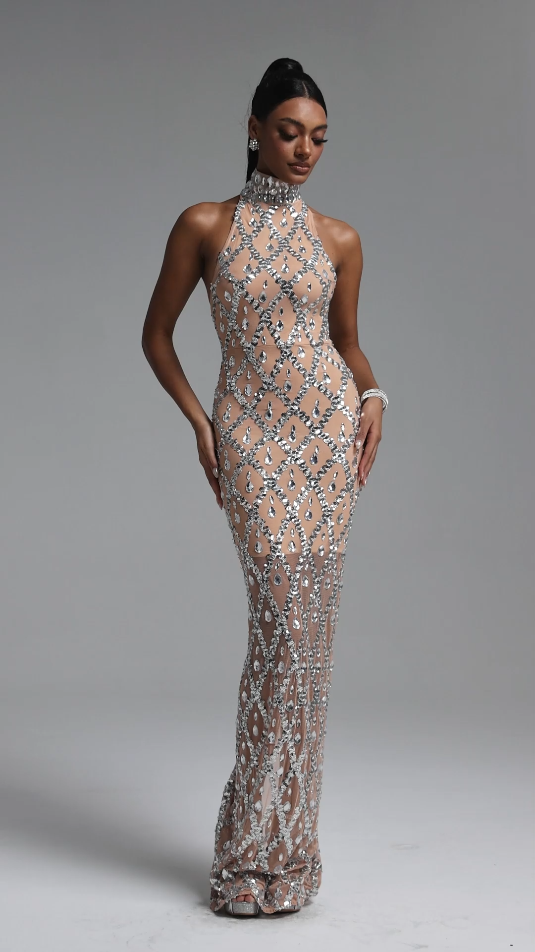 Sexy Fitted Halter Sleeveless Rhinestone Maxi Dress