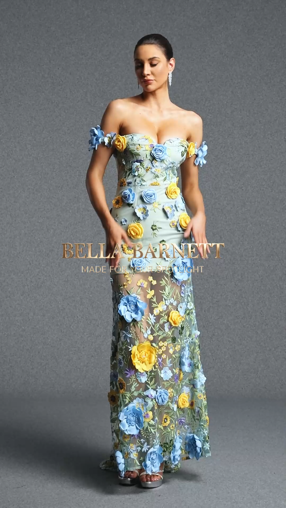 Kaci Classic Off Shoulder Multicolor Floral Tulle Mermaid Maxi Dress