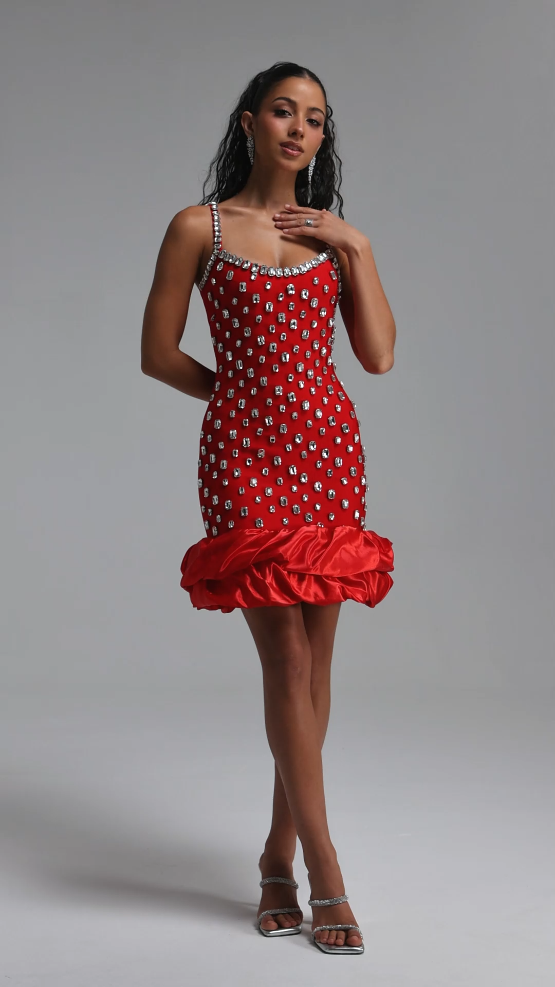 Francina Exquisite Contour Cami Strap Rhinestone Ruffle Red Bandage Mini Dress
