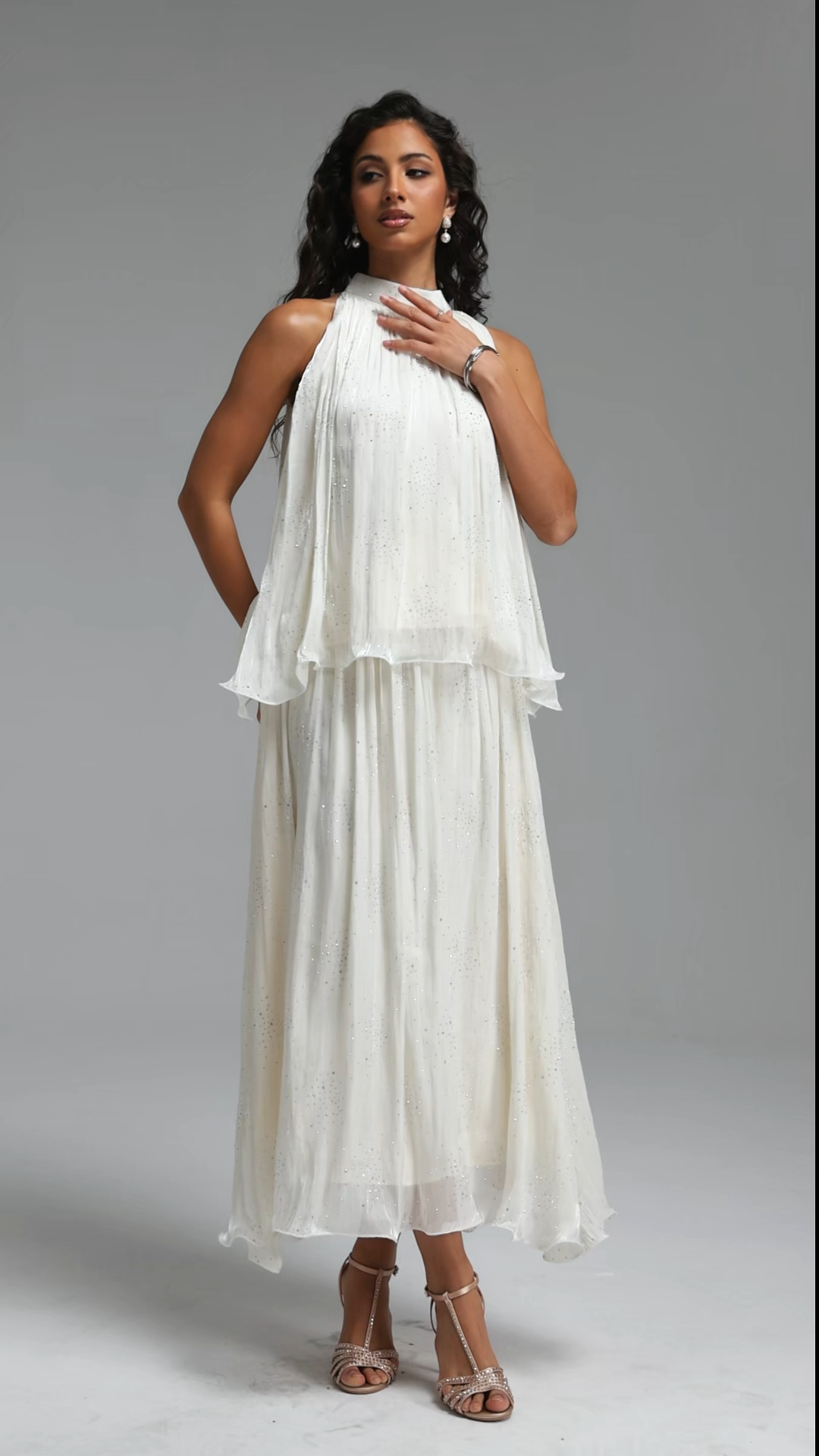 Debra Resort Flowy Sleeveless Rhinestone Woven Beige Top and Skirt Two Piece Set