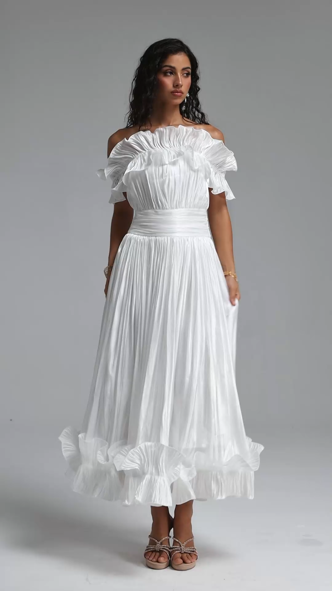 Suku Elegant Flowy Off Shoulder Ruched White Maxi Dress