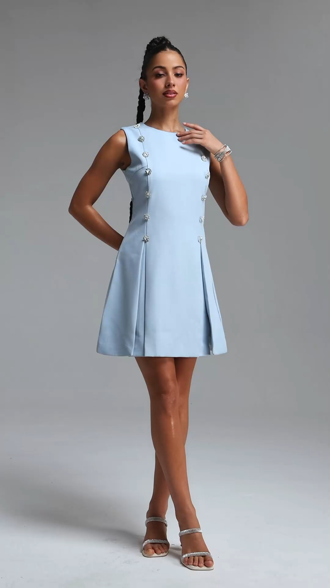 Viki Chic Tailored Round Neck Sleeveless Rhinestone Woven Mini Dress