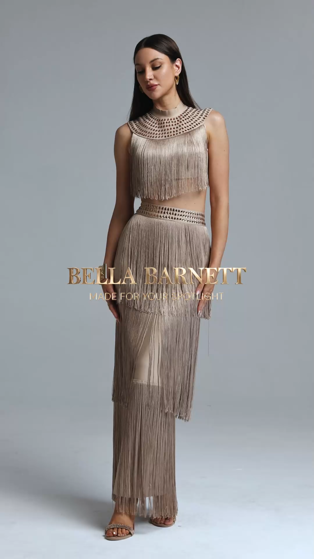 Eudora Elegant Stand Collar Rhinestone Embellished Tassel Top and Bandage Skirt Set