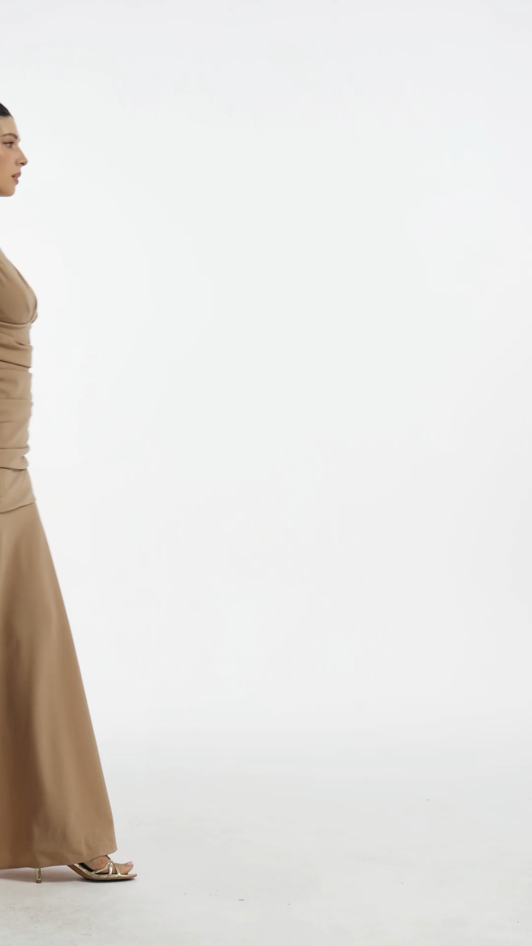 Tessy Elegant Tailored V Neck Mesh Cape Sleeve Ruched Maxi Dress