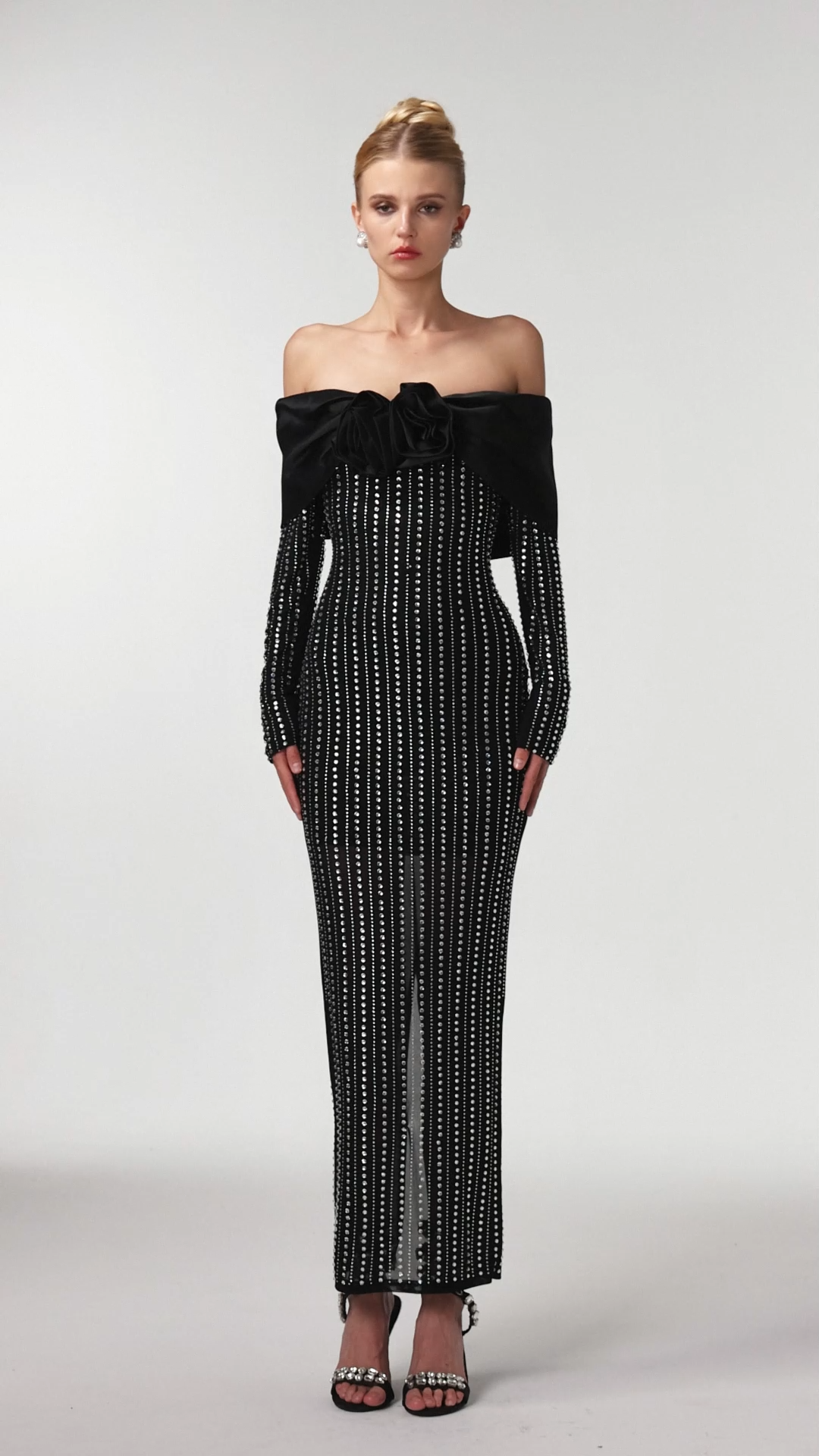 Uareni Elegant Contour Off Shoulder Crystal Floral Mesh Maxi Dress