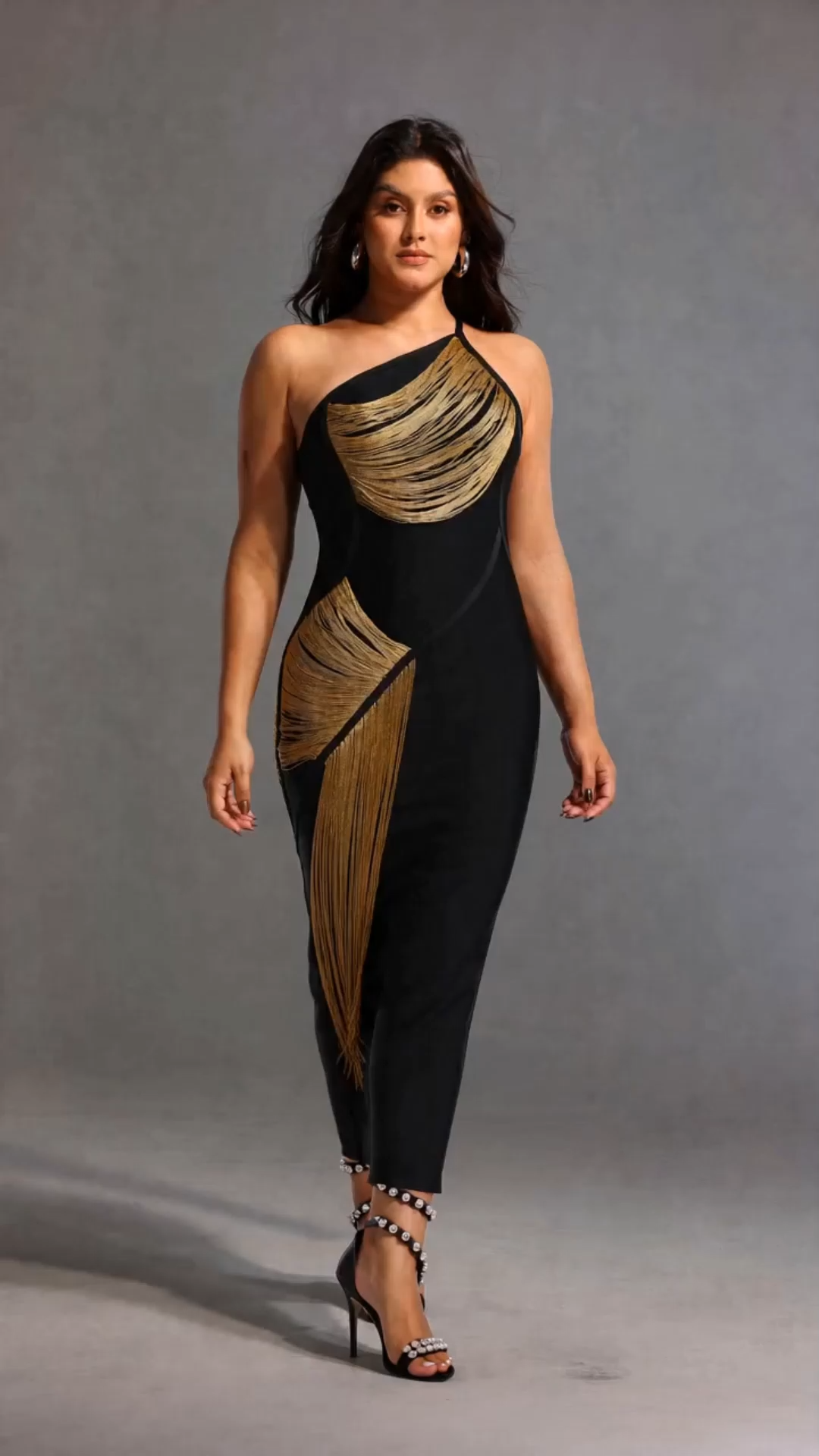 Roanna One Shoulder Sleeveless Golden Tassels Bandage Maxi Dress