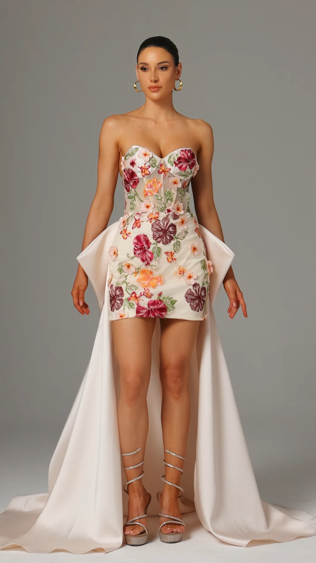 Elva Strapless Floral Embroidered Mini Dress with Bow Train