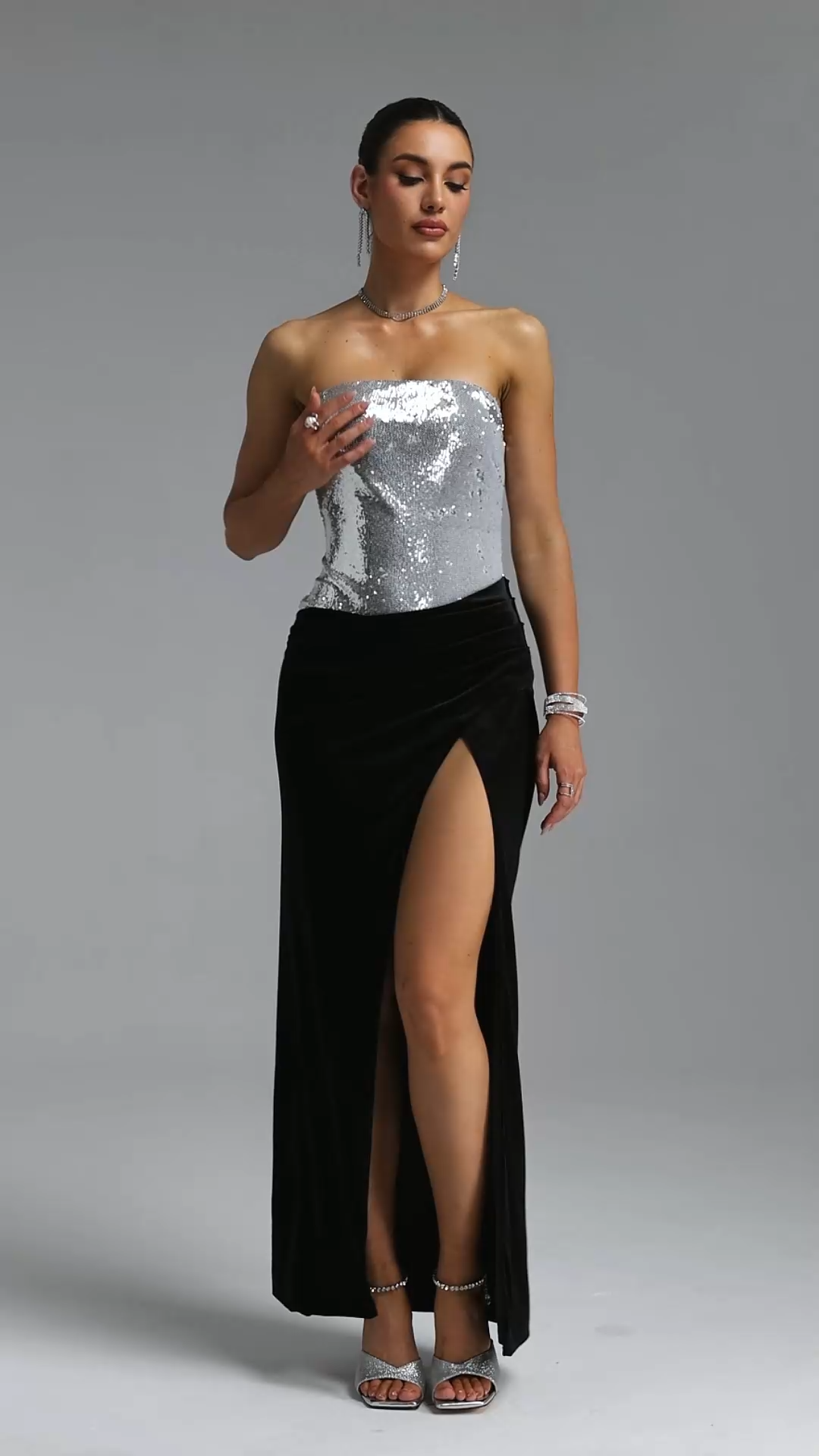 Paulina Light Luxury Waist-Cinching Color Block Strapless Sequin Ruched Velvet High Slit Mermaid Maxi Evening Dress