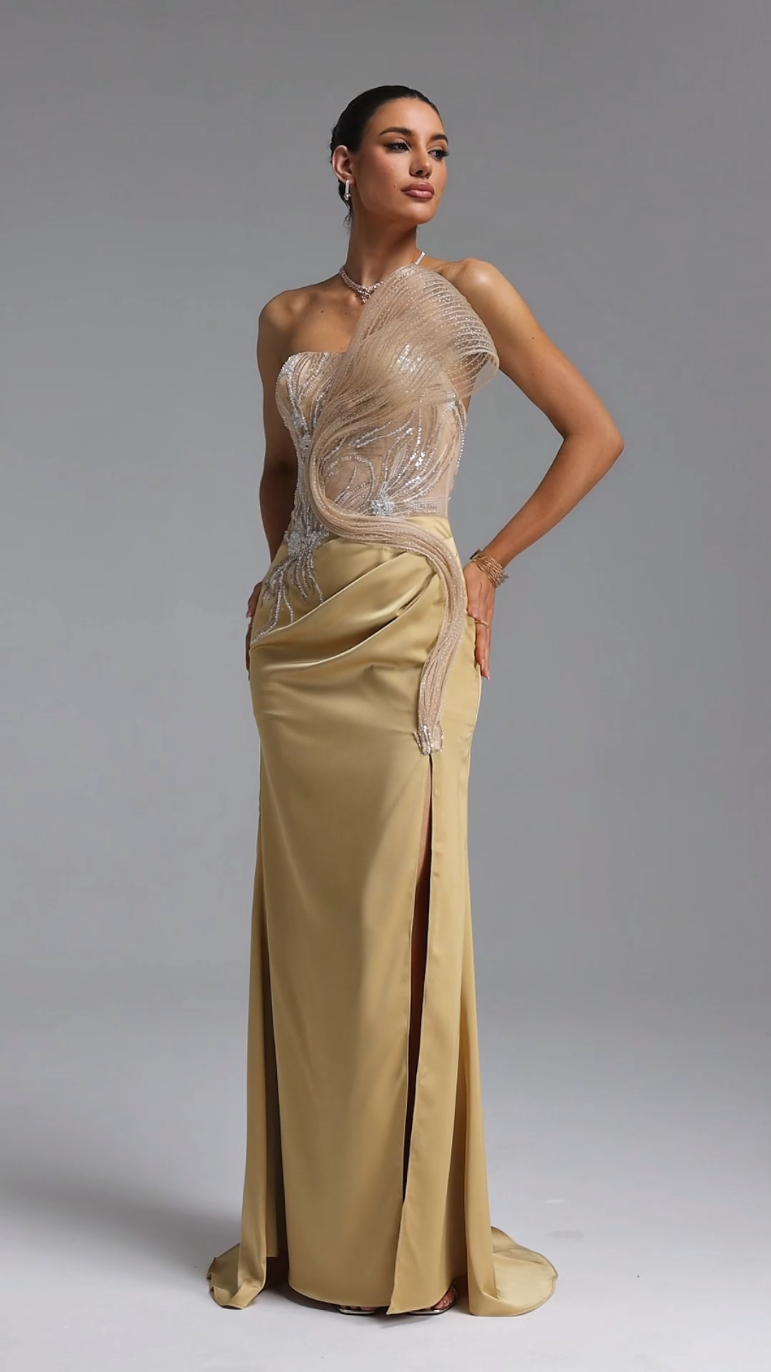 Sofia Elegant Waist-Cinching Asymmetrical Mesh Wing Rhinestone Draped Ruched Satin High Slit Mermaid Maxi Evening Dress