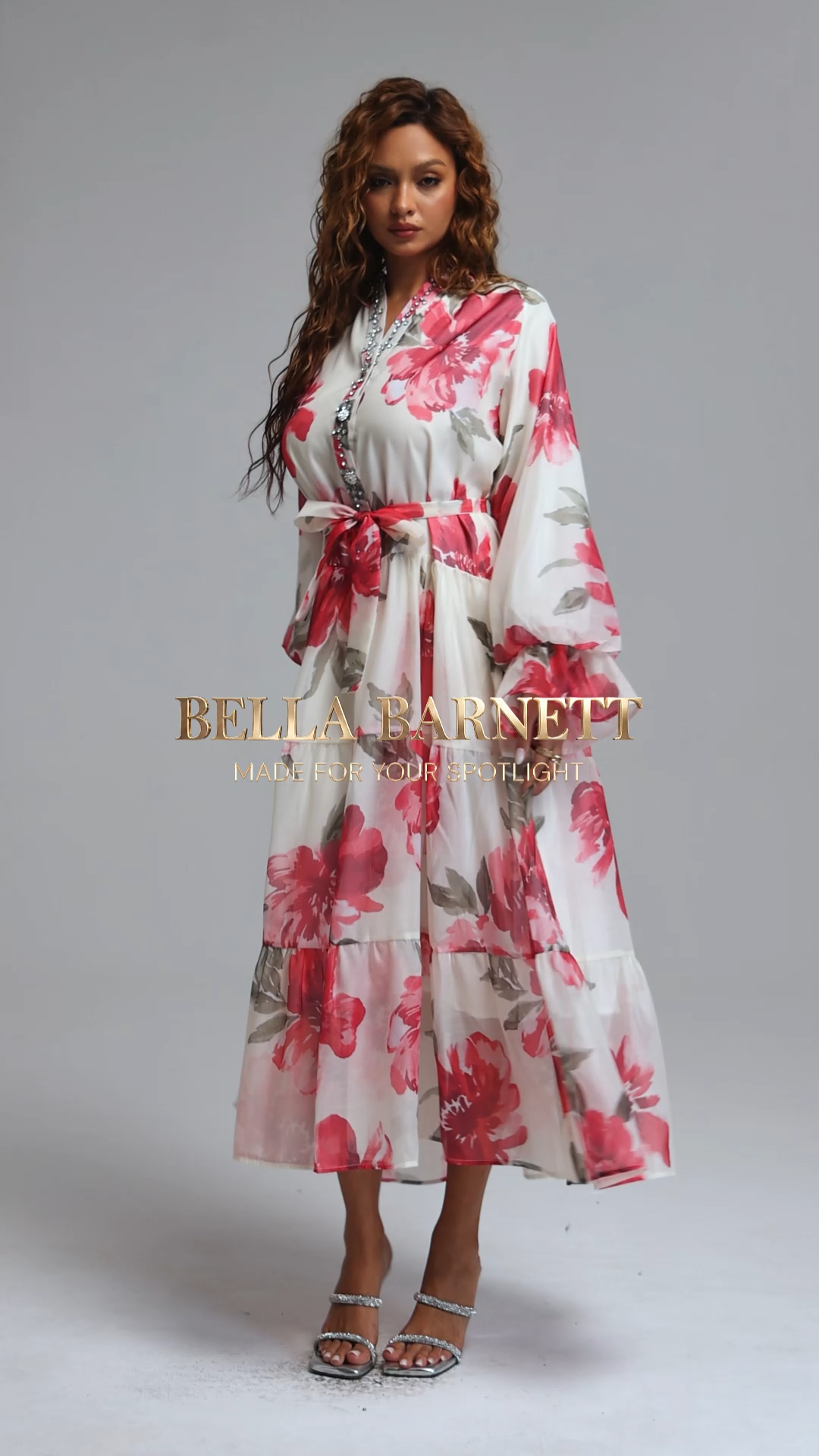 Majrela Romantic Flowy V-Neck Long Sleeve Rhinestone Floral Print Organza Red Maxi Dress