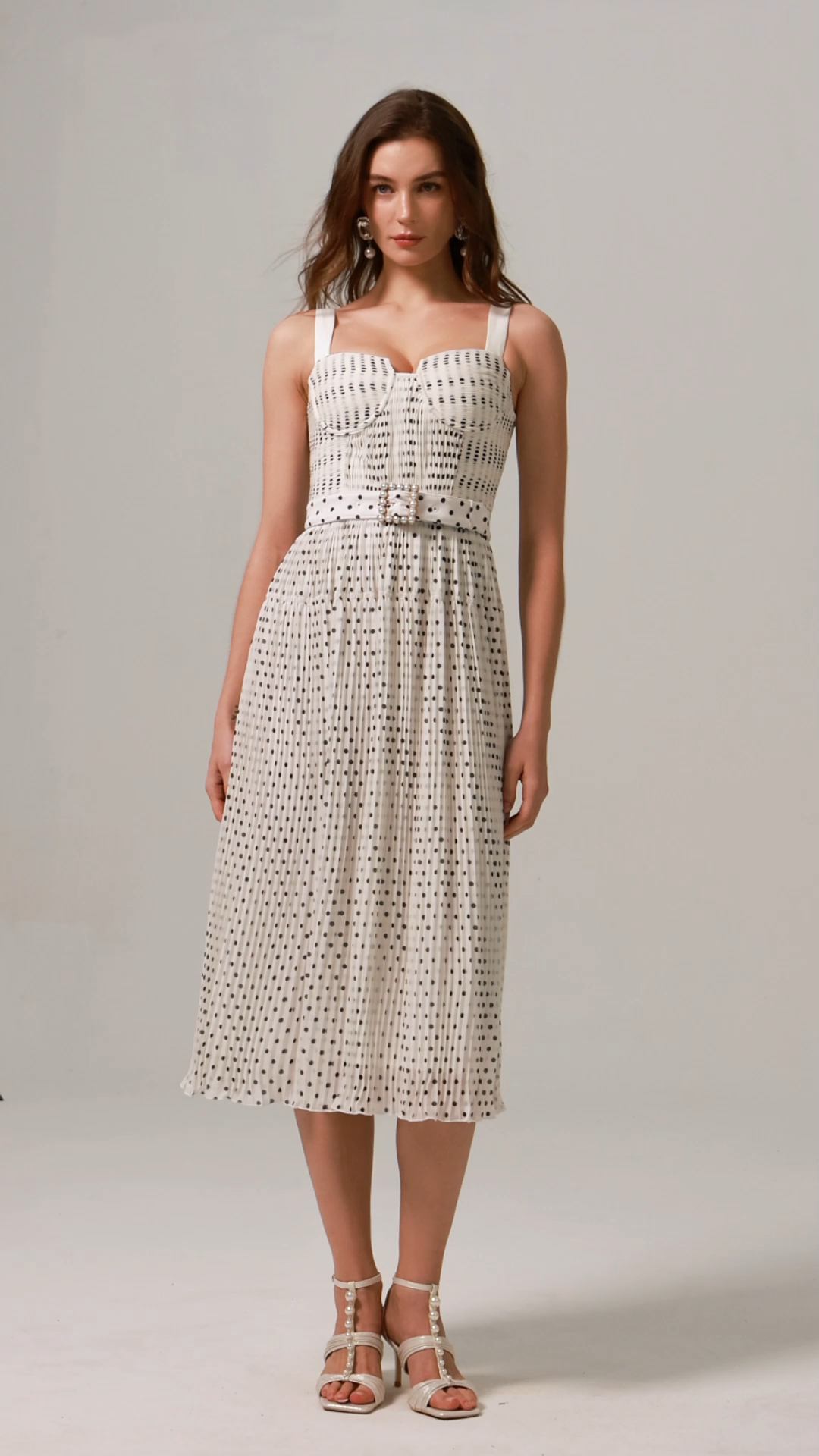 Gloria Halter Pearl Dot Printed Folds Midi Dress