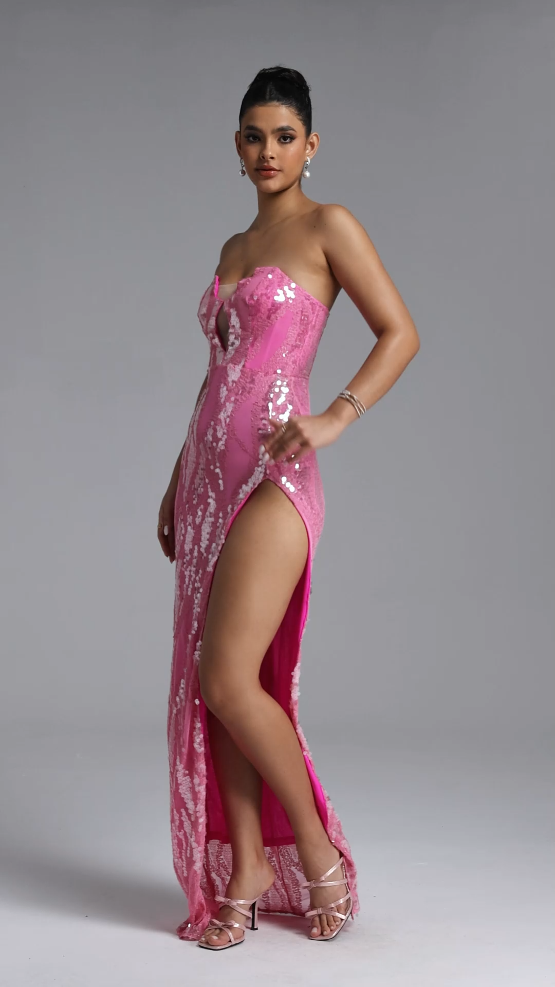 Devonne Romantic Contour Strapless Cut Out Sequin Maxi Dress