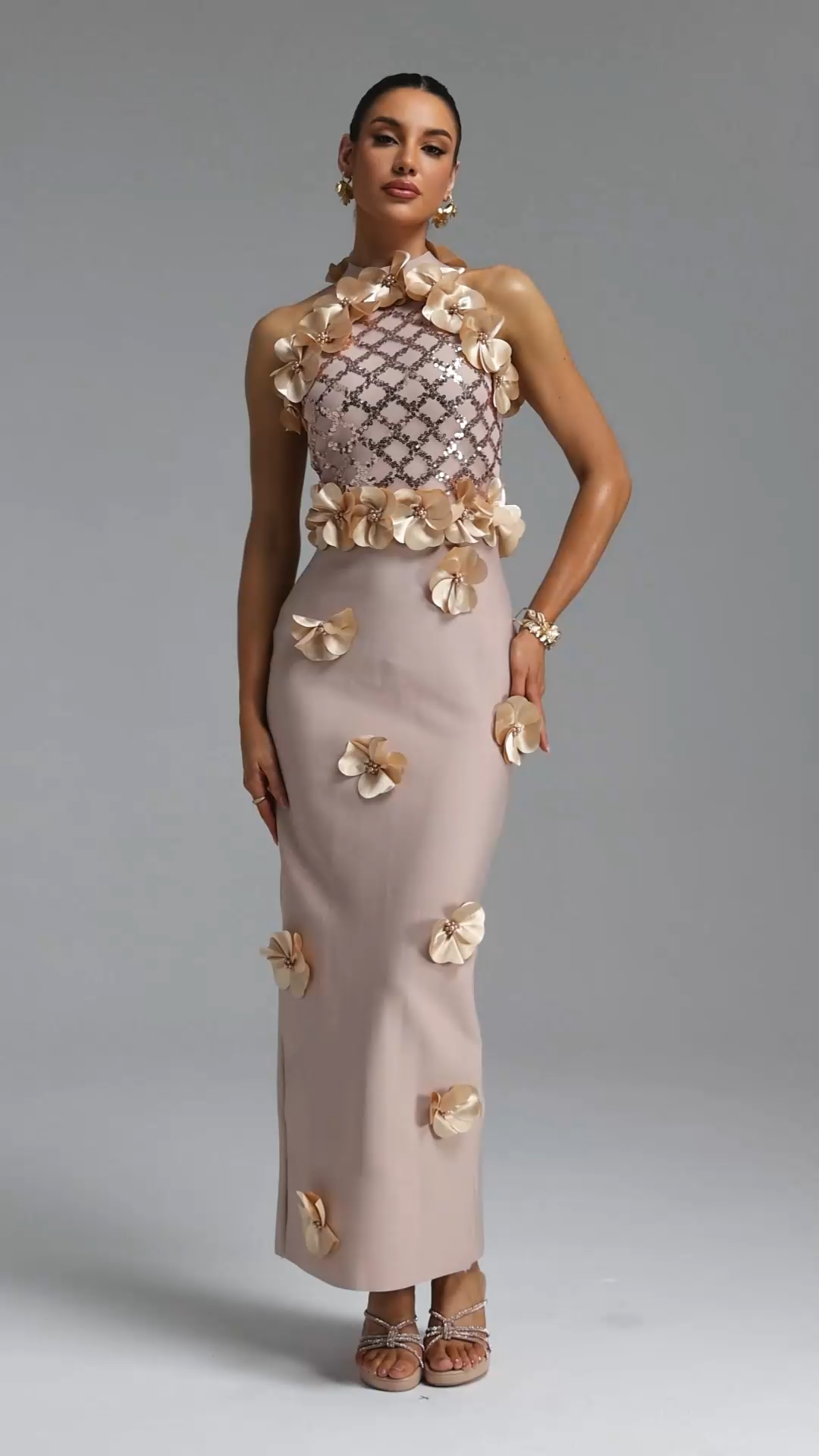 Pedra Giela Oria Glamorous Contour Pearl Floral Bandage Beige Maxi Dress