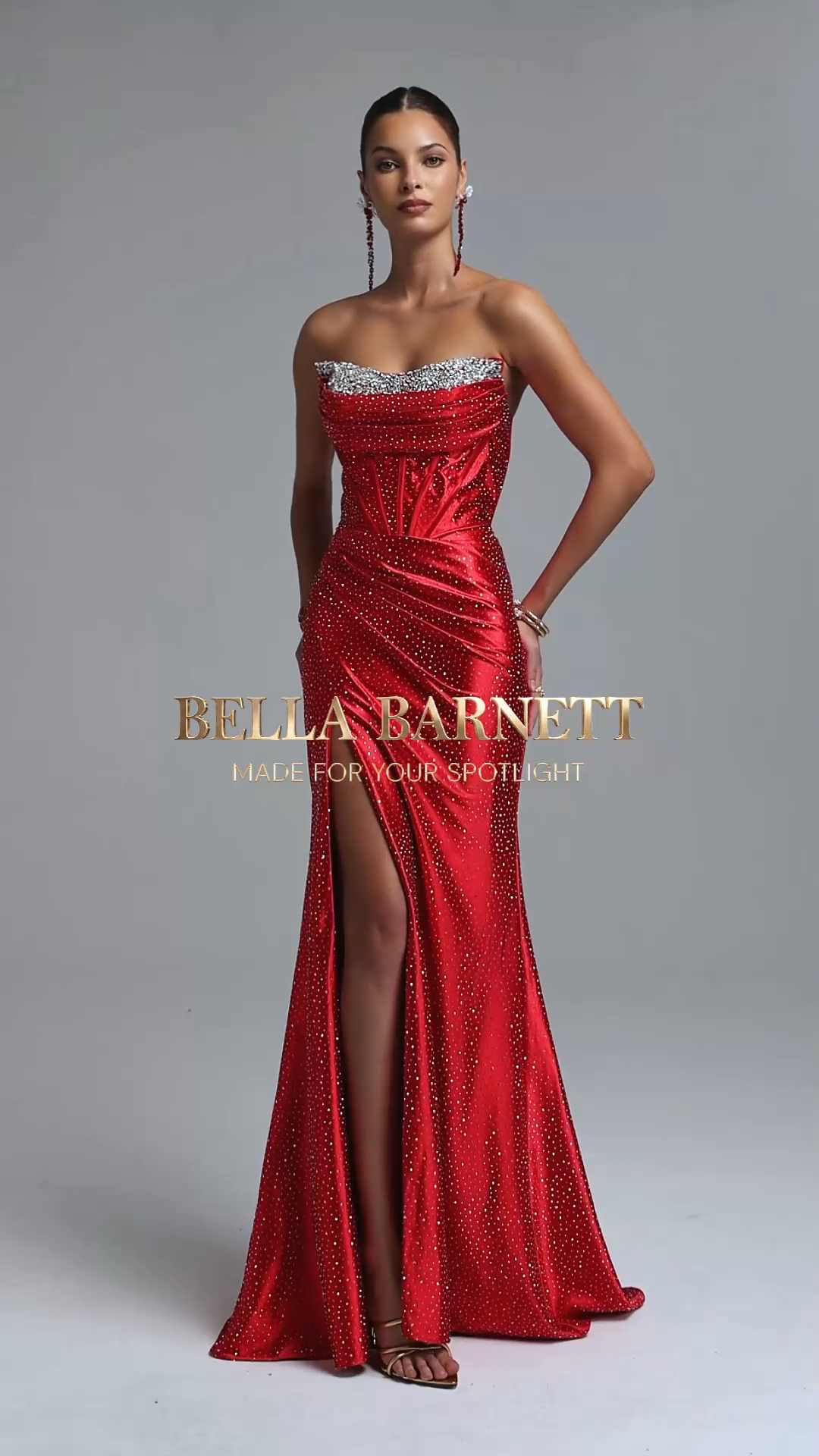Ferina Classic Sleeveless Rhinestone Ruched Satin Maxi Dress