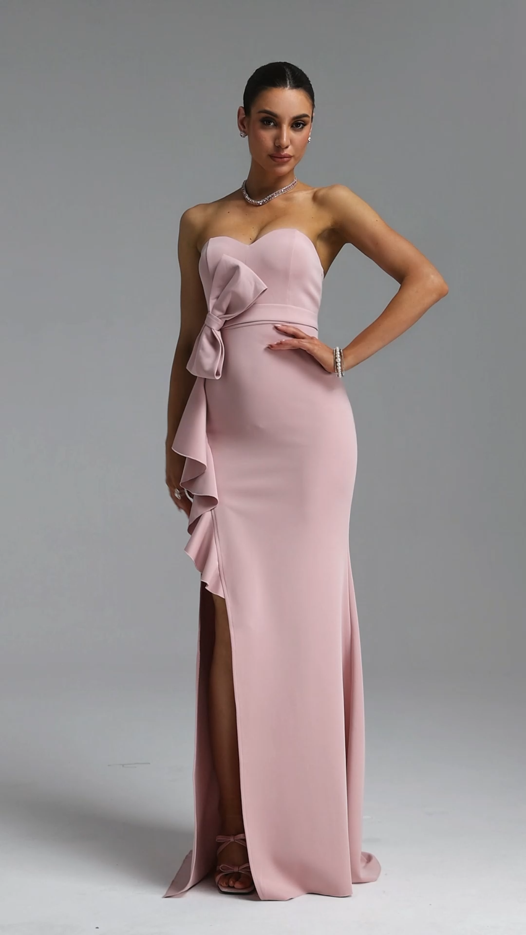 Edan Elegant Waist-Cinching Strapless Heart Neck Big Bow Ruffle High Slit Bodycon Mermaid Pink Maxi Evening Dress