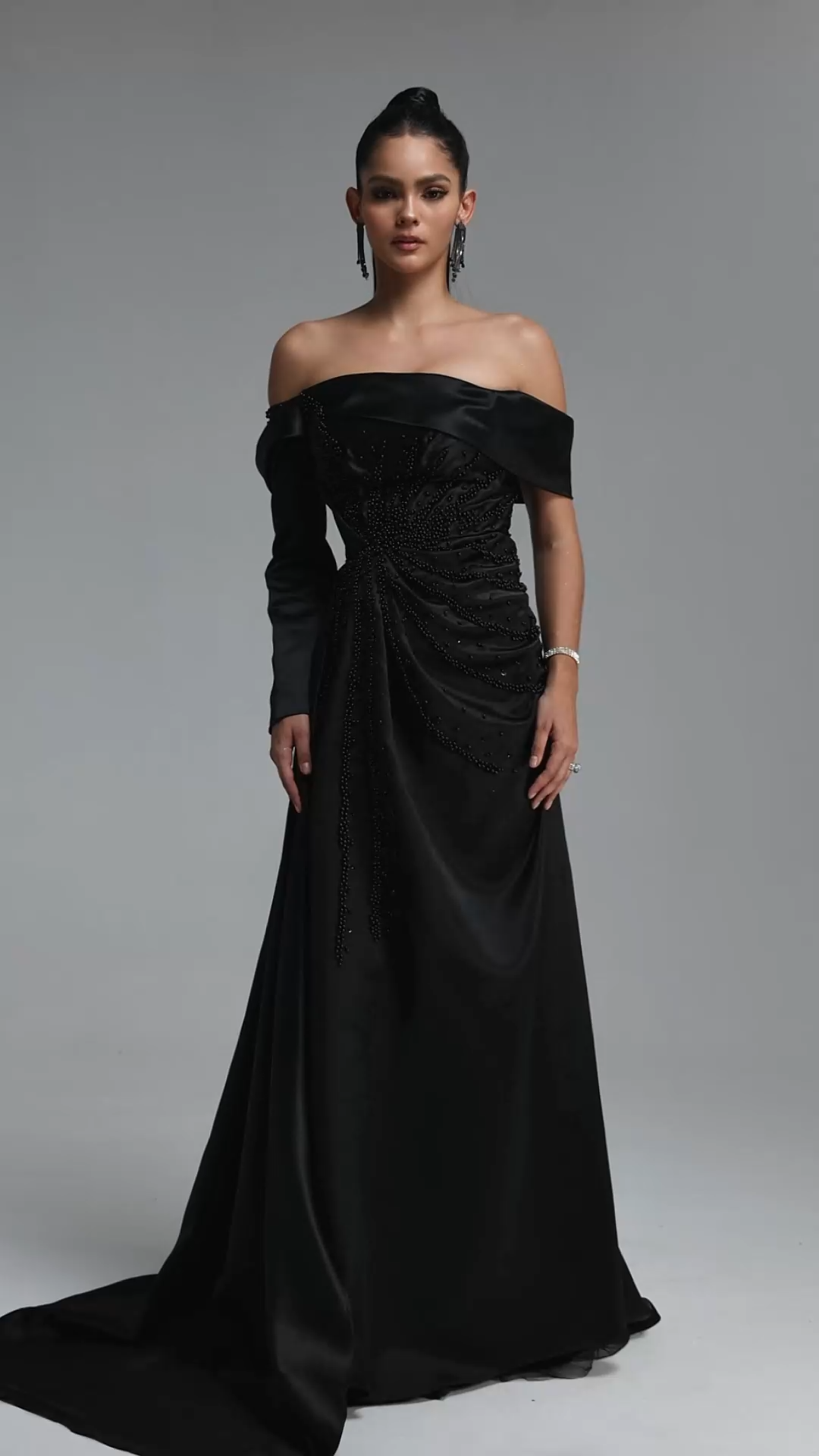 Lousia Glamorous Off Shoulder Bow Rhinestone Beaded Slit Satin Maxi Dress