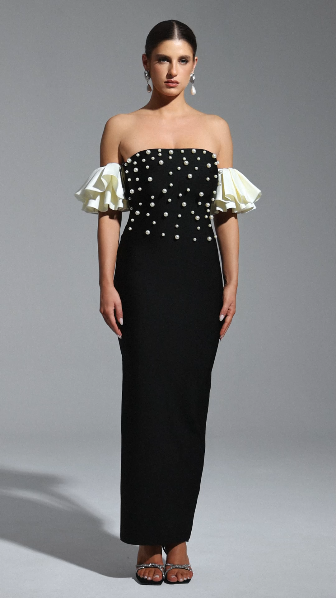 Mako Bandage Strapless Pearls Maxi Dress