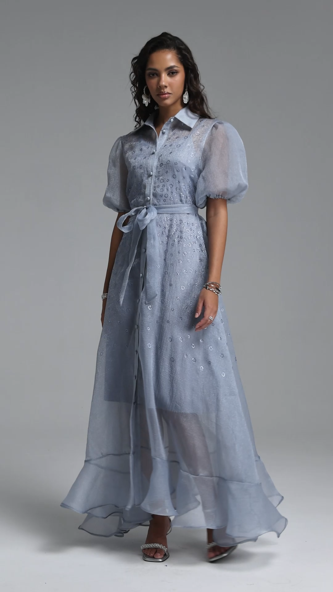 Elena Elegant Flowy Puff Sleeve Rhinestone Chiffon Maxi Dress