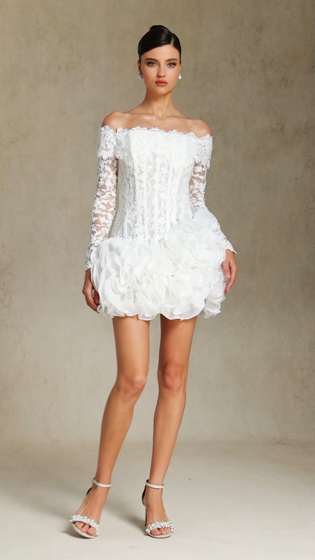 Nanon Lace fishbone stacked ruffled mini skirt