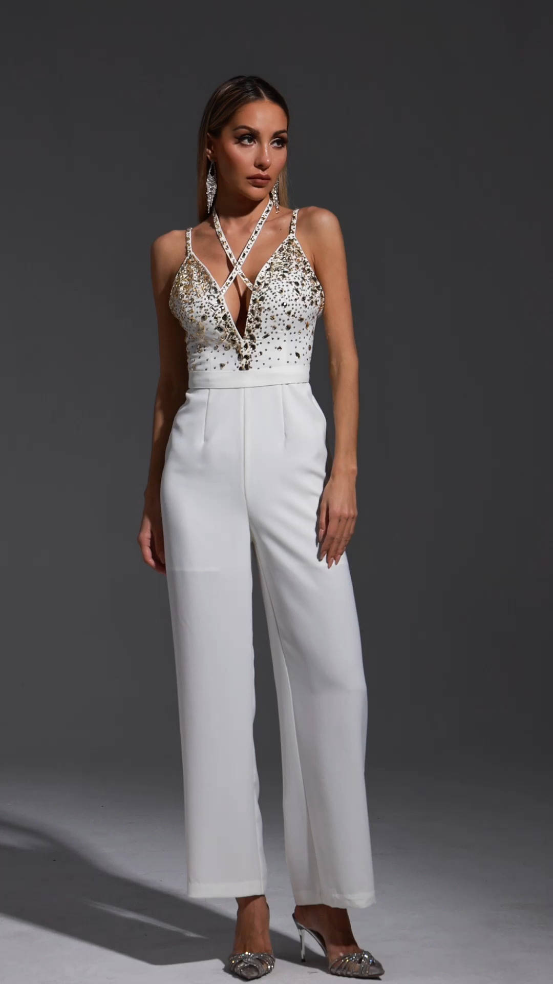 Vanina Halter Sleeveless V-Neck Diamond Maxi Jumpsuit