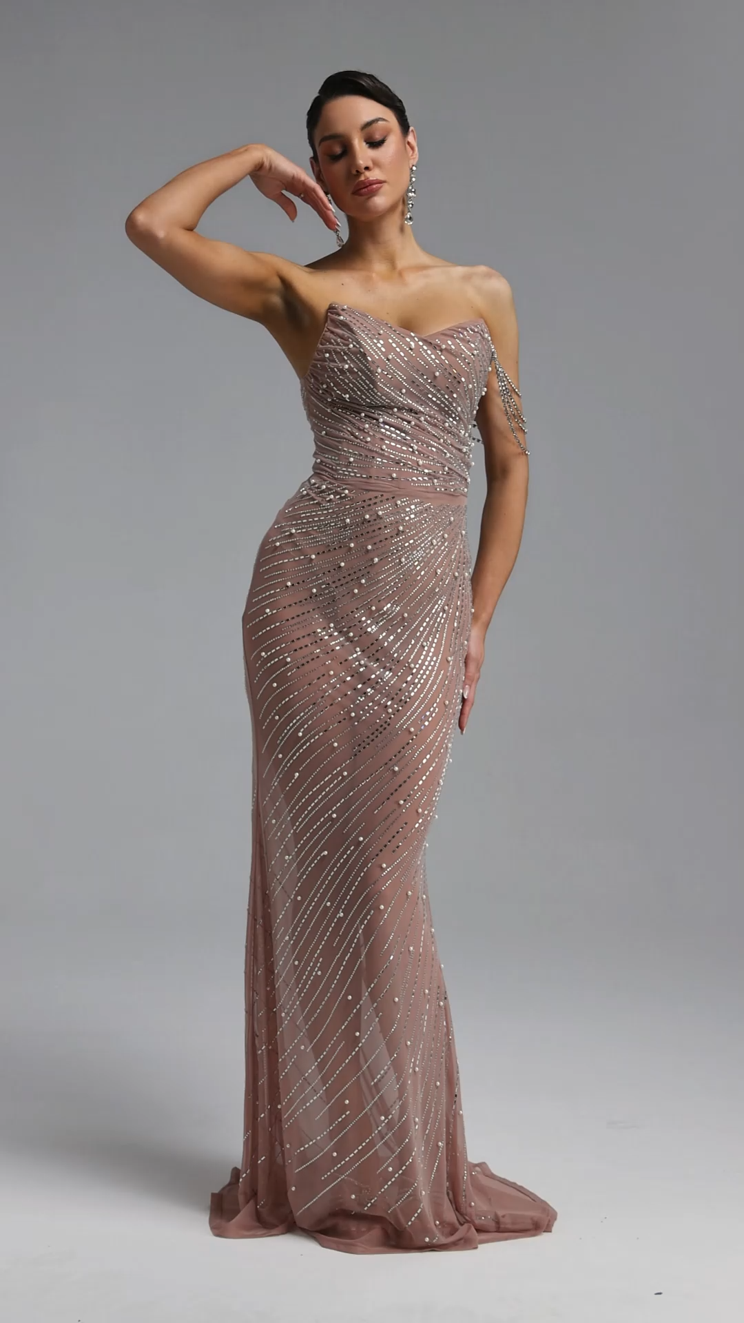 Georgiana Sexy Strapless Pearl Rhinestone Maxi Dress